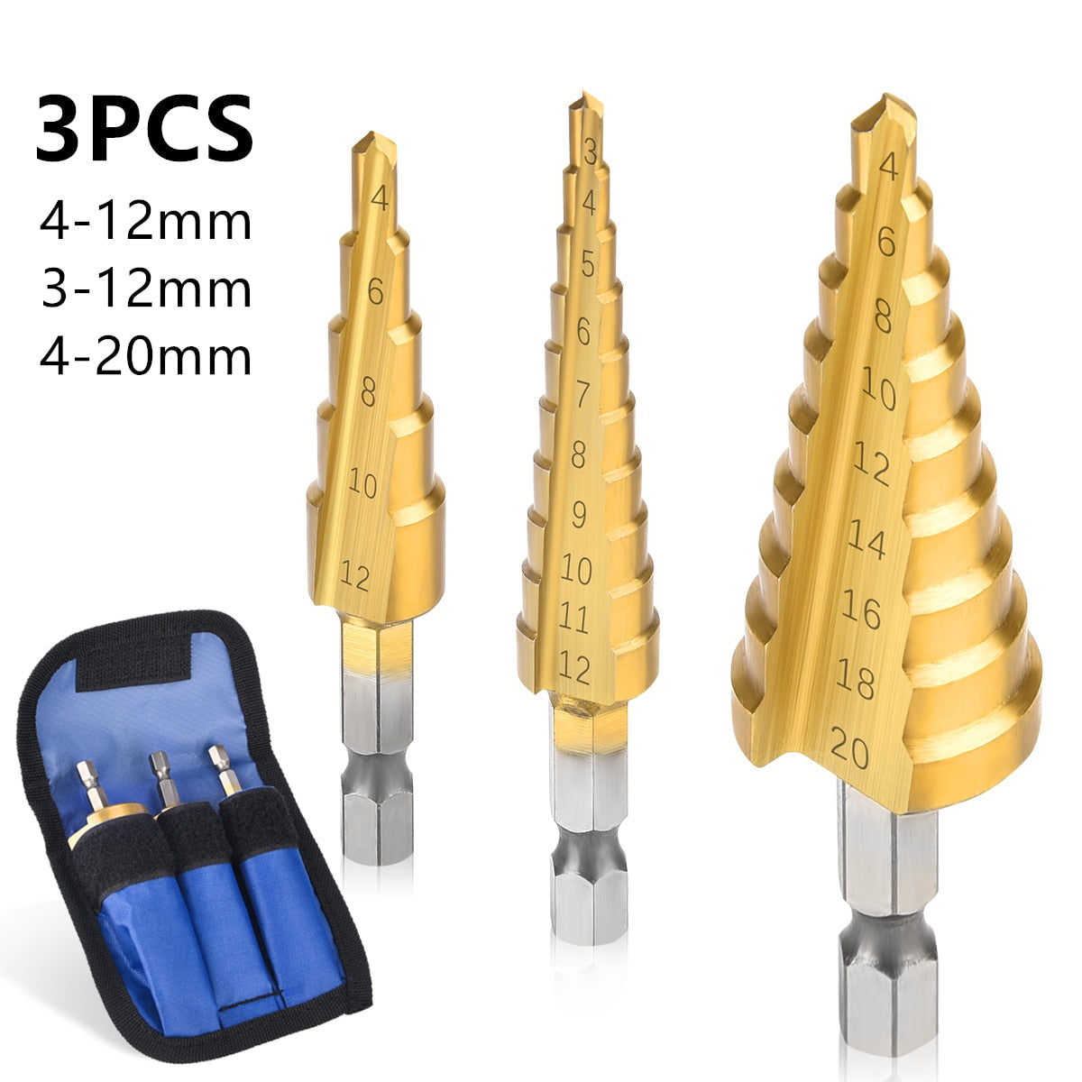 3Pcs/set 3-12mm 4-12mm 4-20mm HSS Straight Groove Step Drill Bit Titanium Coated Wood Metal Hole Cutter Core Drilling Tools Set